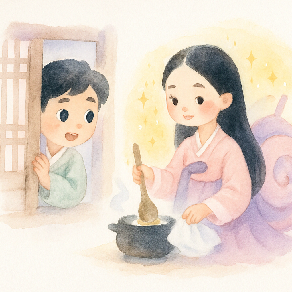 총각이 창문으로 몰래 들여다보며 우렁 색시가 나오는 것을 목격하는 장면